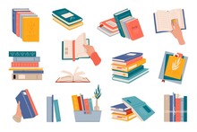 Book Stacks. Flat Style Textbooks, Novel Books Or Diaries On Shelf And Tray. Bookstore, Library Or Collage Old Books Vector Stacks Or Piles, Human Hands Holding, Opening And Flipping Notebook Pages