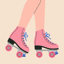 Poster With Legs Of A Girl In Roller Skates. Sport And Disco. Retro Fashion Style From 80s. Cute Vector Illustration In Trendy Colors. Hand Drawn Style. 