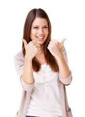 Poster - I give it two thumbs up. Studio shot of positive young woman showing thumbs up against a white background.