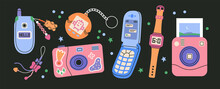 Set With Retro Electronic Devices. Photo Camera, Watches, Mobile Phone With Beaded Keychain, Game. Cute And Stylish Attributes From 90s. Hand Drawn Vector Illustration. Vintage Electronics And Hobbies