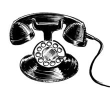 Ink Black And White Drawing Of A Retro Telephone