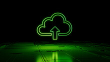 Green Data Storage Technology Concept With Cloud Upload Symbol As A Neon Light. Vibrant Colored Icon, On A Black Background With High Tech Floor. 3D Render