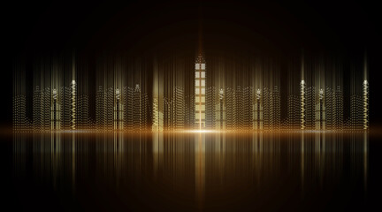 Wall Mural - Virtual golden particle digital city skyline on black background