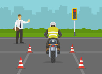 Motorcycle driving practice test with red cones. Llearner motorcyclist practising to ride a bike. Instructor makes a stop gesture with his hand. Flat vector illustration template.