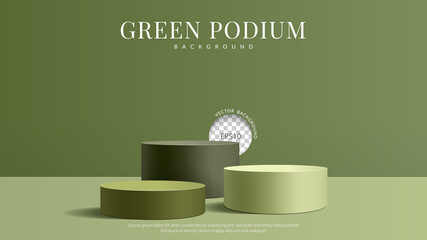 Green podium three steps minimal style on Green background. Concept of design for product display. Layout horizontal, Vector illustration