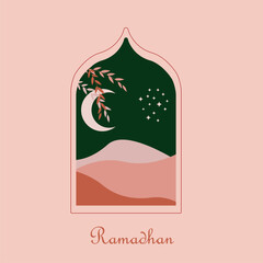 Wall Mural - Illustration of the window mosque with the star moon and the desert. The atmosphere of the fasting month of ramadan.