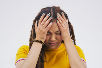 Canvas Print - No, no, no. Studio shot of an attractive young woman looking stressed out against a grey background.