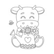 Lineart of cute bull with watering can inside which is bouquet of flowers. Bull sniffs flowers. Vector illustration for kids colouring book.