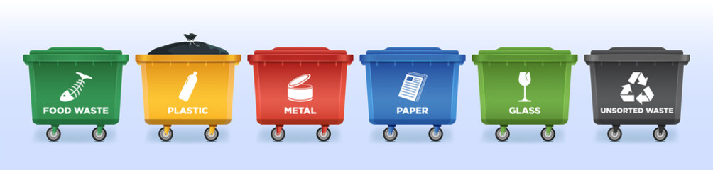 A set of trash cans on wheels in a vector of different colors for separate waste collection with signs and type of raw materials. Separation and recycling of waste in the factory for secondary use