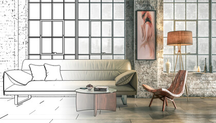 Wall Mural - Wohnzimmer-Einrichtung in einem Loft-Ambiente (Entwurf) - 3D Visualisierung