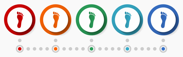 Poster - Human foot concept vector icon set, flat design colorful buttons, infographic template in 5 color options