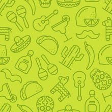 Subtle Green On Green Cinco De Mayo Seamless Pattern Of Outline Icons.