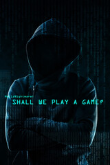 Aufkleber - Luring in his prey. Portrait of a menacing computer hacker posing against a dark background in studio.