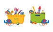 Box full of toys set. Rocket, trumpet, elephant on wheels, whirligig colorful toys for kids cartoon vector illustration