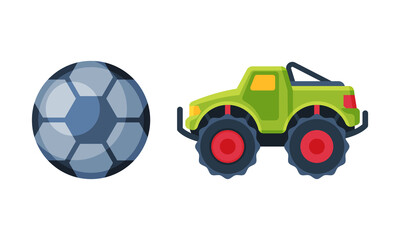 Sticker - Baby toys set. Off road car and ball cartoon vector illustration