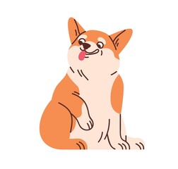 Wall Mural - Cute Welsh corgi sitting. Funny amusing dog with tongue out. Adorable lovely happy doggy with positive comic emotions. Sweet charming puppy. Flat vector illustration isolated on white background