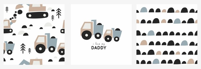 Cute cartoon cars Daddy and baby. Vector print with truck, tractor, excavator. Happy father's day seamless pattern