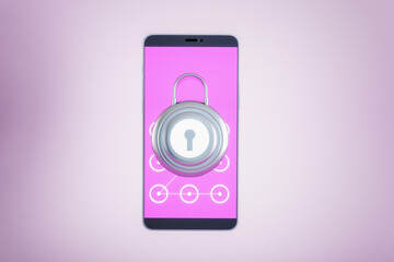 Wall Mural - Close up of cellphone with creative padlock on screen. Pink background. Secure device concept. 3D Rendering.