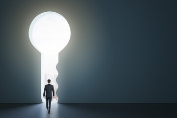 back view of businessman standing in abstract key opening in wall with bright light and mock up plac