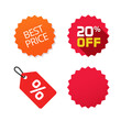 © vladwel - Offer promo special best price tag icon vector or discount off sale label badge product shop sticker flat cartoon illustration red color, 20 percent promotion rosette button and blank empty template