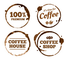 Coffee Labels. Hot Drink Stains, Round Dirty Marks From Coffee Cup Or Mug. Spilled Brown Water With Text Template
