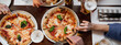 © Pintau Studio - Horizontal banner or header Top view table with unrecognizable multiracial group of people's hands grabbing a slice of delicious Italian pizza and glasses of beer