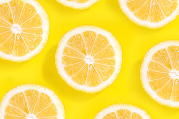 Wall Mural - Slices of fresh yellow lemon pattern on bright yellow background. Trendy pop art high-colored bright flatlay with halves of lemons