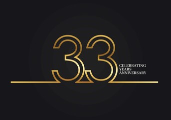 33 Years Anniversary logotype with golden colored font numbers made of one connected line, isolated on black background for company celebration event, birthday