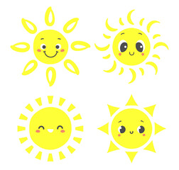 Wall Mural - hand drawn sun. cartoon sunny characters with smiling faces. happy morning elements with shining bea
