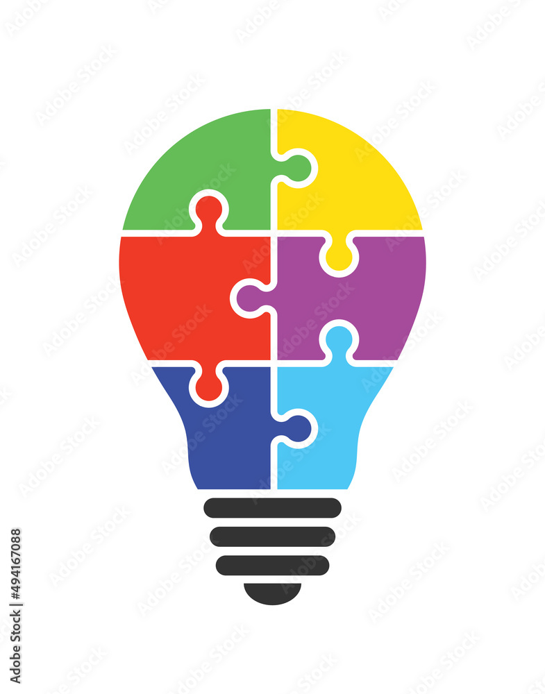 Puzzle light bulb icon. Lightbulb, lamp with jigsaw inside, logo idea, business concept of innovation. Creative flat design solution with puzzle pieces. Brain's education, strategy. Vector EPS10