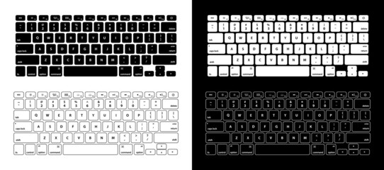 Keyboards for computer, laptop and pc with key buttons and enter isolated in white and black colors. Alphabet board, digital modern keypad with letter icons. Qwerty layout illustration. Vector EPS10