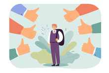 Pupil With Backpack Surrounded By Thumbs Up. Boy In Official Suit Being Respected By Society Flat Vector Illustration. Education, Public Opinion Concept For Banner, Website Design Or Landing Web Page