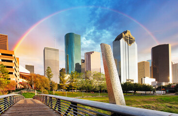 Wall Mural - Skyline of Houston with rainbow in Texas, USA, downtown with skyscrapers