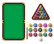Billiard table with pockets, balls, triangle rack and cue. Realistic snooker sport equipment, green pool table top view and ball vector set