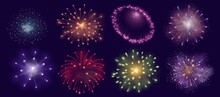 Realistic Fireworks Burst Effect For Festive, Celebration Or Party. Firecracker Explosion For Diwali Carnival. Night Sky Firework Vector Set