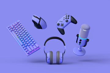 Wall Mural - Flying gamer gears like mouse, keyboard, joystick, headset, VR, microphone