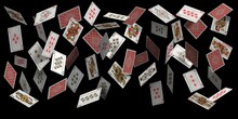 Falling Poker Playing Cards, Casino Winner Background. Realistic 3d Flying Card Deck, Joker, King, Queen And Ace. Blackjack Vector Concept