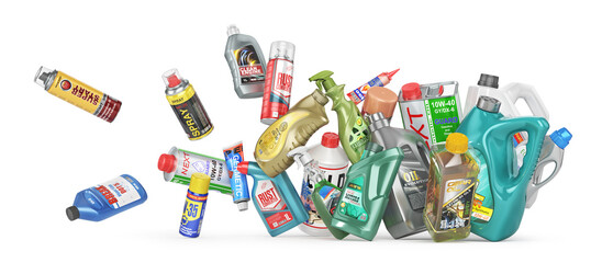 Different Bottles of car maintenance products on a white background. Oil, detergents and lubricants. 3d illustration