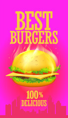 Wall Mural - Best burgers menu cover or banner design vector mockup with hot fiery burger