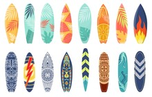 Cartoon Surfing Board With Summer Design And Ethnic Pattern. Surfboard With Tropical Leaf Print, Flame And Lightning. Surf Boards Vector Set