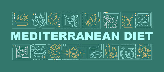 Wall Mural - mediterranean diet word concepts dark green banner. trendy and healthy nutrition. infographics with 