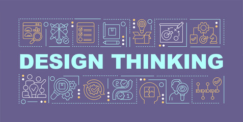 Sticker - Design thinking for business word concepts purple banner. Creating products. Infographics with icons on color background. Isolated typography. Vector illustration with text. Arial-Black font used