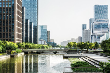 Poster - Modern city business buildings and asphalt road