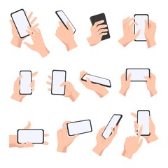Cartoon female or male hands hold smartphones with empty screens. Phone concept for mobile apps, video, social network and games vector set