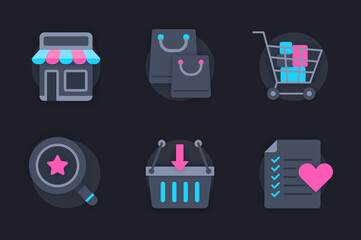 Aufkleber - Shopping web concept of 3d paper icons set. Pack flat pictograms of making purchases, choosing goods from wish list, shopping in stores or supermarkets. Vector elements for website in dark style