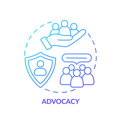 Wall Mural - Advocacy blue gradient concept icon. Public communication. Serving public interest. PR code of ethics abstract idea thin line illustration. Isolated outline drawing. Myriad Pro-Bold font used