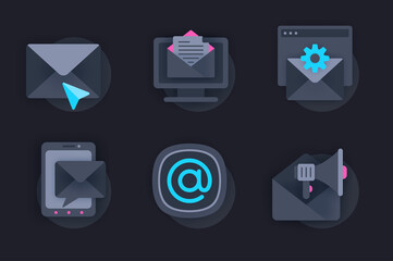 Poster - Email service web concept of 3d paper icons set. Pack flat pictograms of online correspondence, sending and writing letters, advertising mailing, messengers. Vector elements for website in dark style