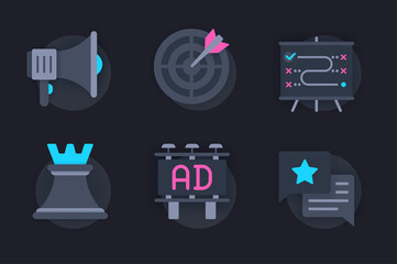 Aufkleber - Marketing web concept of 3d paper icons set. Pack flat pictograms of online business promotion, success strategy, goal achievement and targeting, advertising. Vector elements for website in dark style