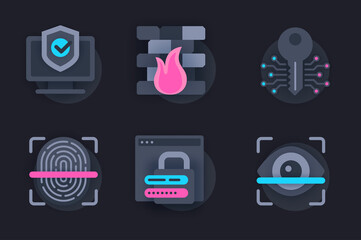 Aufkleber - Cyber security web concept of 3d paper icons set. Pack flat pictograms of online protection, user identification, access with fingerprint scanning, password. Vector elements for website in dark style