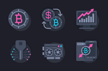 Poster - Cryptocurrency web concept of 3d paper icons set. Pack flat pictograms of crypto business and blockchain technologies, bitcoin mining, equipment and analysis. Vector elements for website in dark style